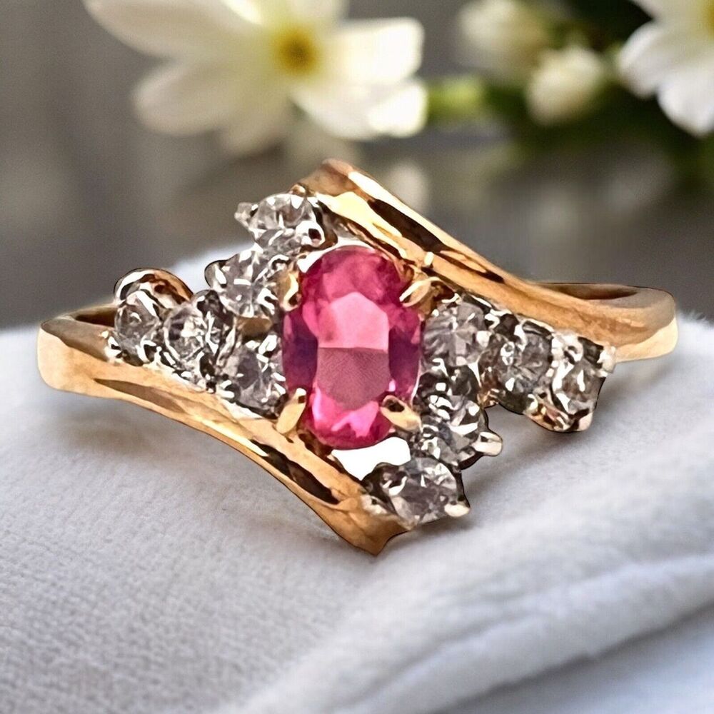 Vintage 1970s Ring Size 7 Pink Crystal CZ Cluster Prong Set Gold Plated - 14L